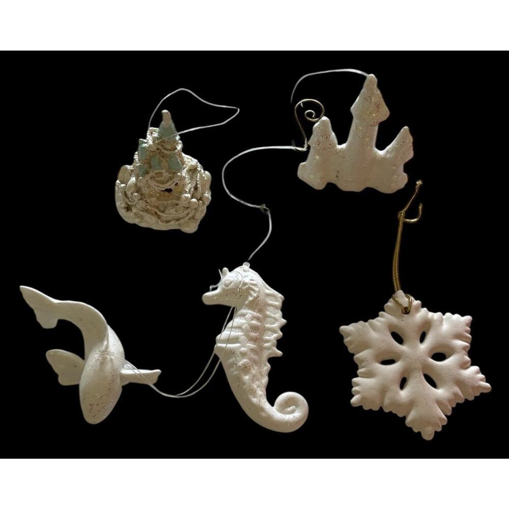 5 Vtg White Sea Life Ornaments Seahorse, Fish, Castle Sandcastle & Sand Dollar